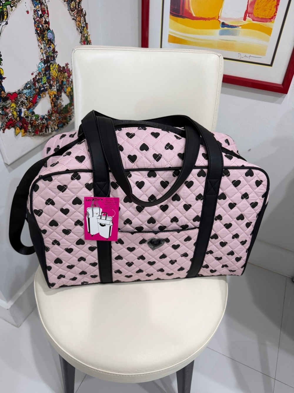 Betsey Johnson Pink & Black Quilted Hearts  Weekender/Travel Tote Bag & CB Strap